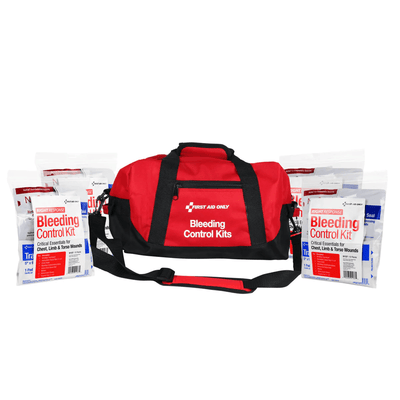 Red bleeding control kit with contents on a white background