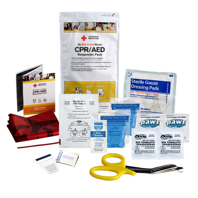 American Red Cross CPR/AED Responder Pack contents laid out, including CPR face shield, sterile gauze pads, nitrile gloves, hand sanitizer, trauma shears, and razor