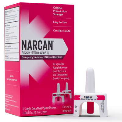 Narcan nasal spray packaging with pink box and white spray device on a white background