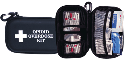 Opioid overdose kit with visible contents on a white background