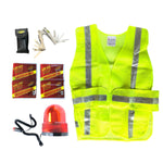 Yellow neon vest with reflective strips, red flashing safety light, hand warmers, and a multi tool