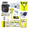Mayday Vehicle Accident Kit with a window hammer and seat belt cutter, instant cold pack, 54 piece first aid kit, neon safety vest, accident report and pencil and much more