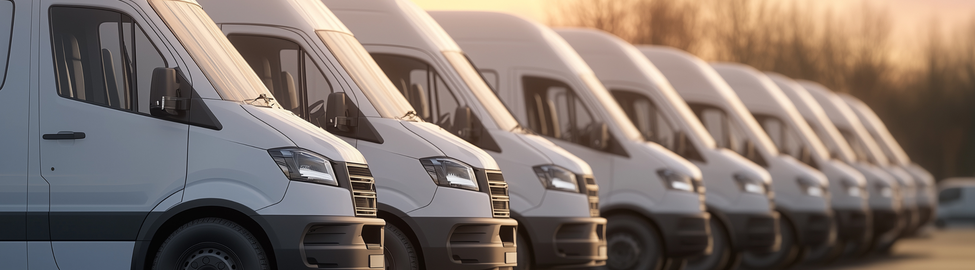 A row of fleet vehicle vans with the sun setting in the background.