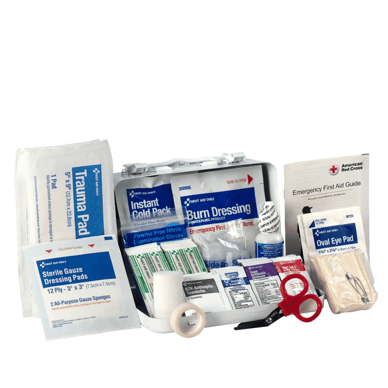  10 Person ANSI A Metal First Aid Kit, weatherproof, case open facing right