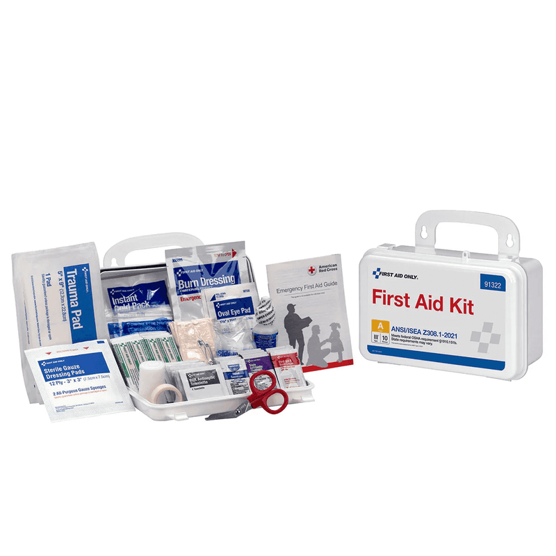  10 Person ANSI A Plastic First Aid Kit, weatherproof, case open and closed