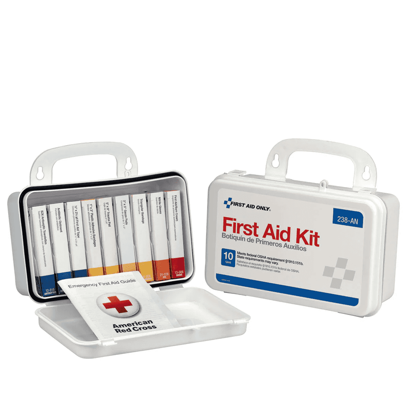  10 Unit OSHA First Aid Kit, plastic case open and closed