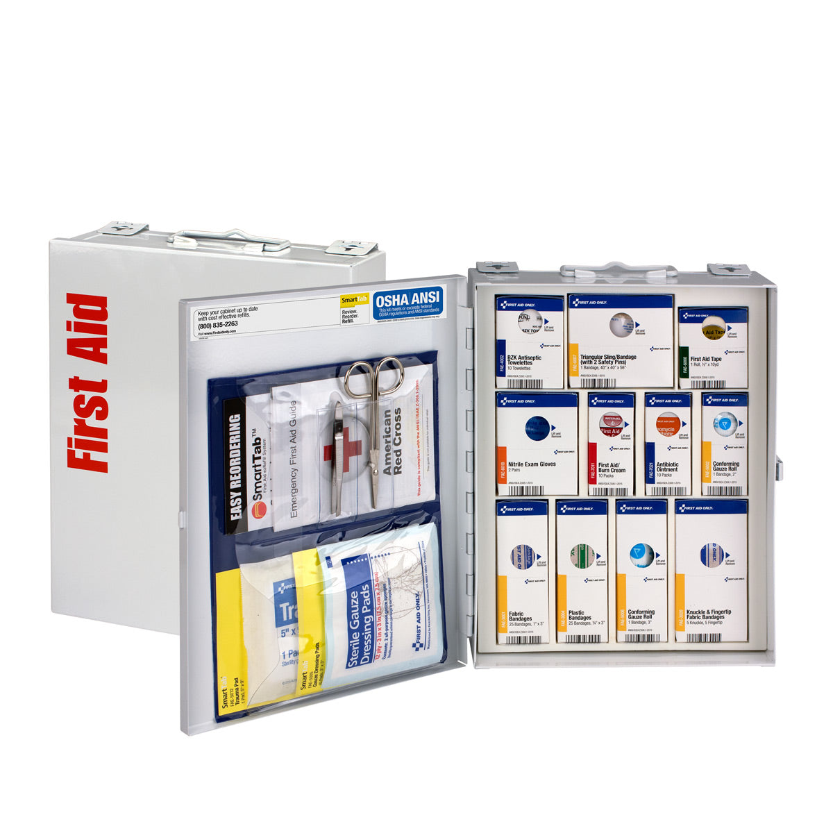 25 Person Metal First Aid Cabinet, open showing organized compartments