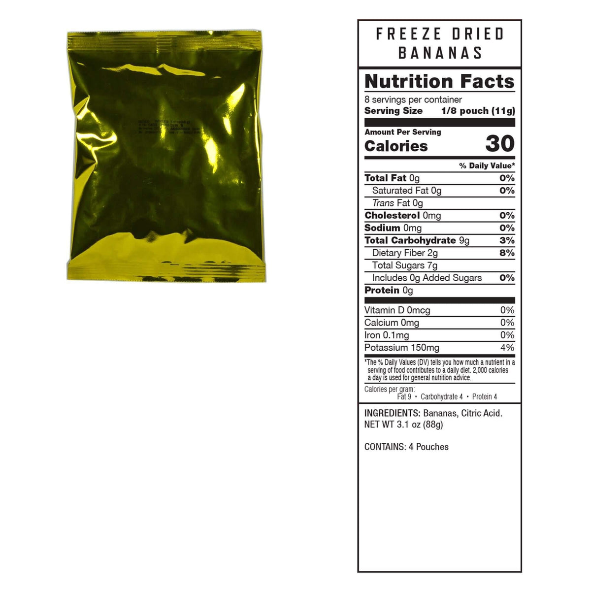 Freeze-dried bananas pouch with nutrition facts