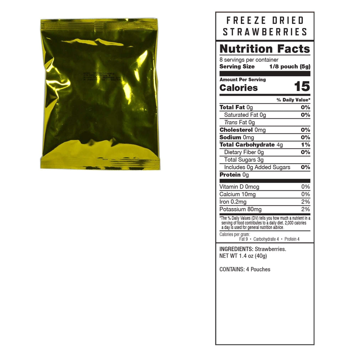 Freeze-dried strawberries pouch with nutrition facts