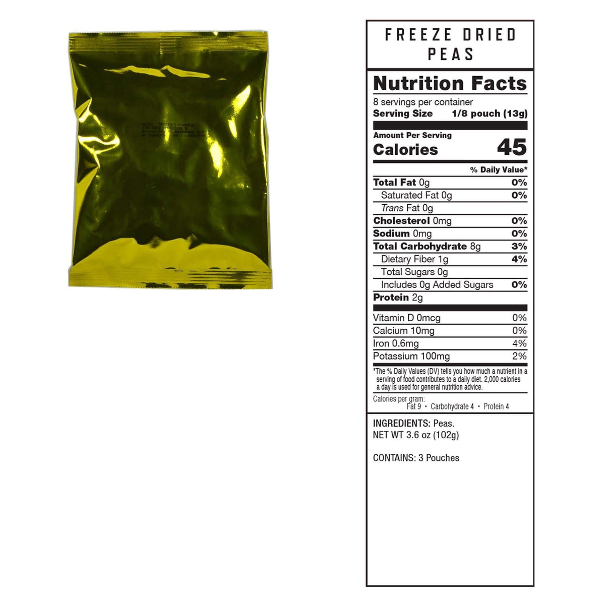 Freeze-dried peas pouch with nutrition facts