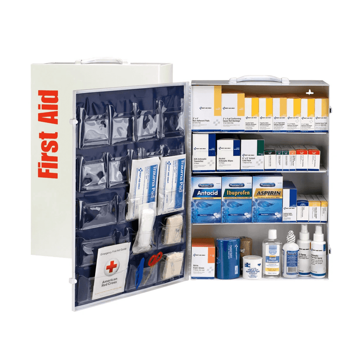  150 Person ANSI B+ 4 Shelf First Aid Metal Cabinet, wall-mount, fully stocked open
