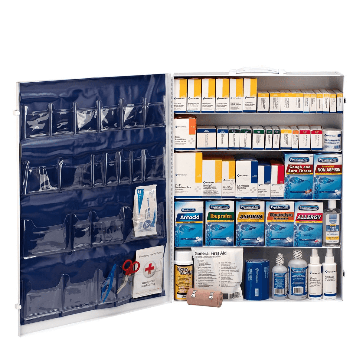  200 Person ANSI B+ 5 Shelf First Aid Metal Cabinet, wall-mount, fully stocked open