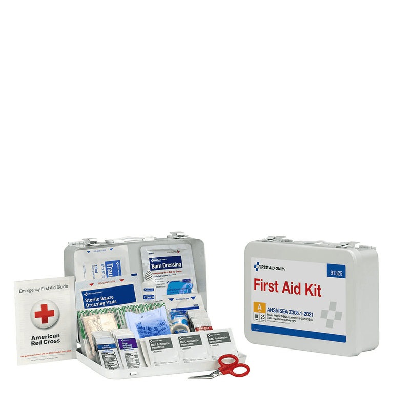  25 Person ANSI A Metal First Aid Kit, weatherproof, case open and closed