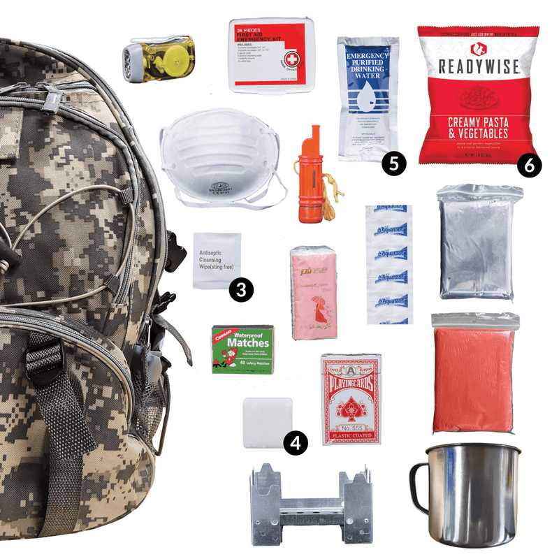 64 Piece Survival Backpack Camoflauge with Contents