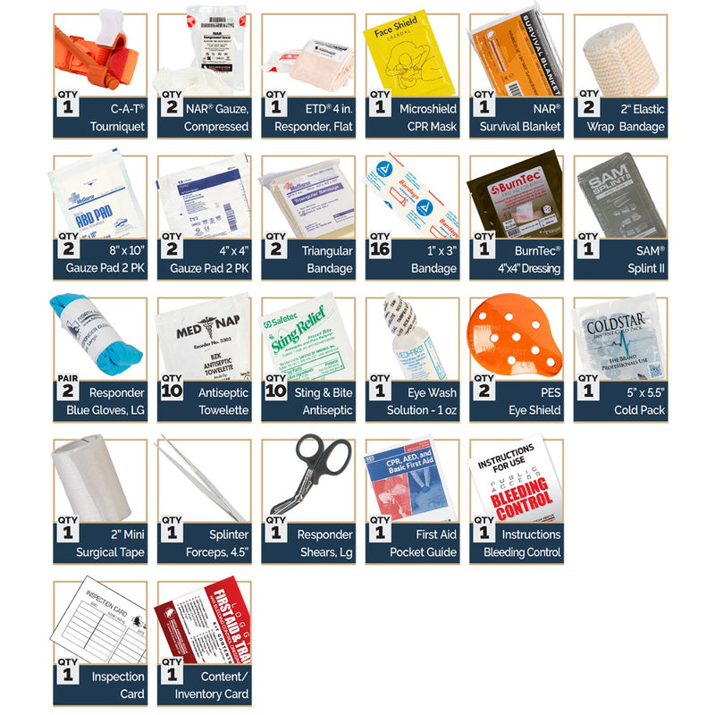 Logging First Aid & Trauma Kit Hard Case contents laid out