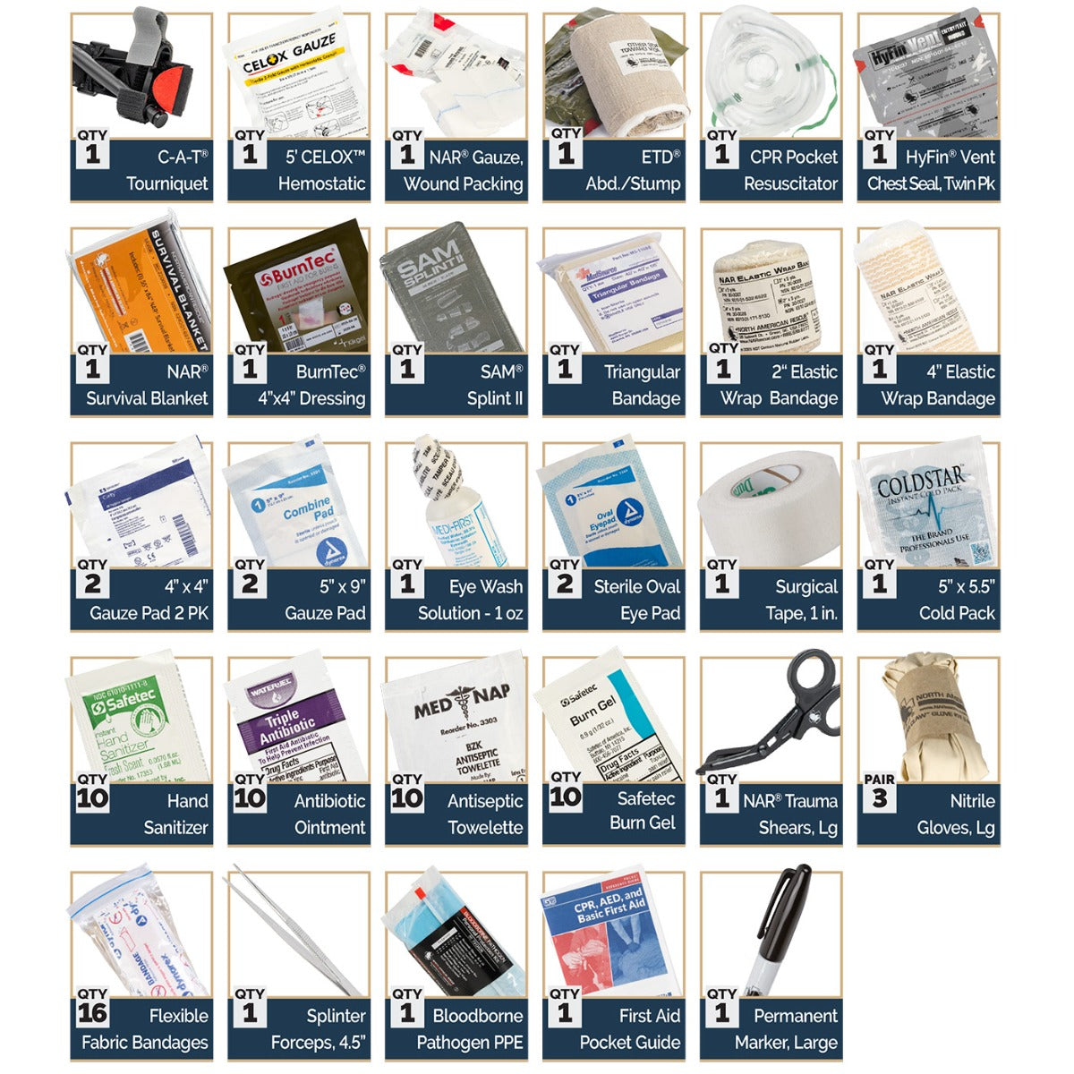 Patrol Vehicle Trauma Kit - Black - with Celox Gauze, contents detail