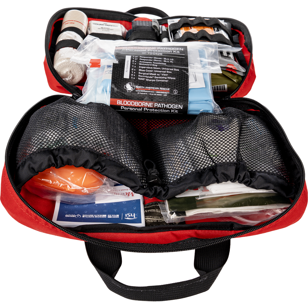 Patrol Vehicle Trauma Kit - Red - Basic, open showing first aid contents