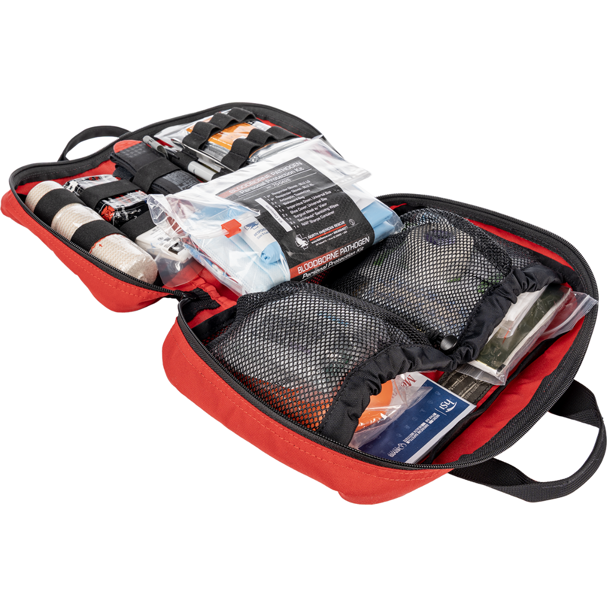 Patrol Vehicle Trauma Kit - Red - with Combat Gauze, open showing trauma contents