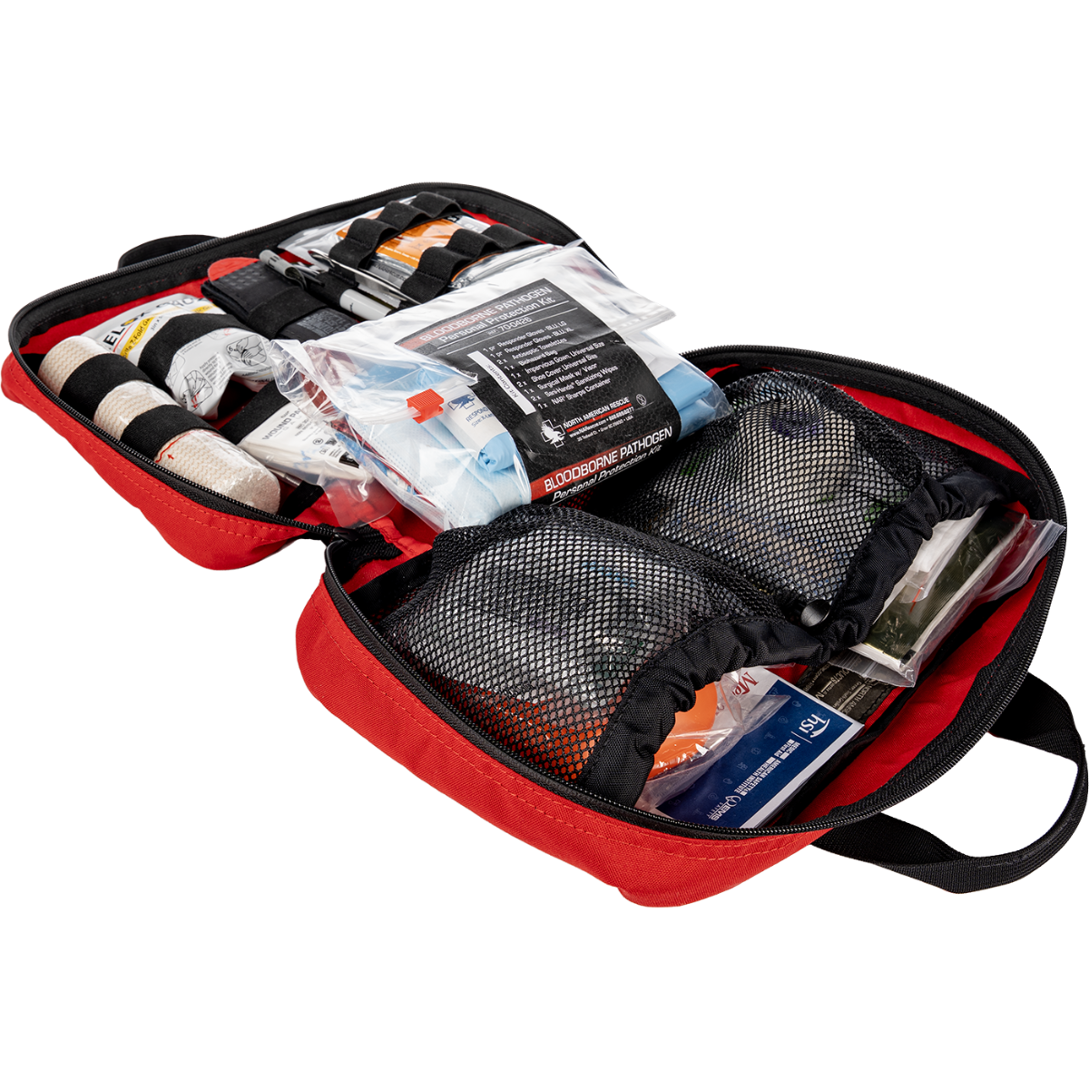 Patrol Vehicle Trauma Kit - Red - with Celox Gauze, open showing trauma contents