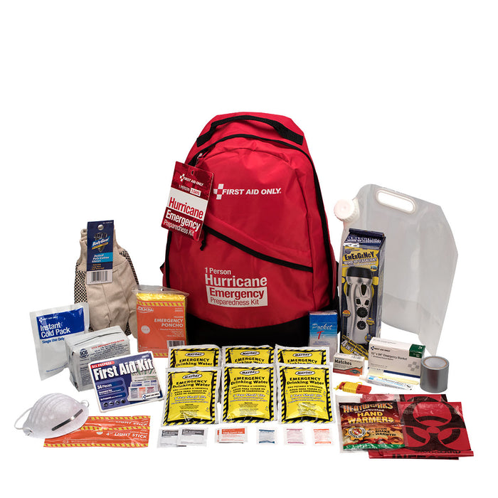 1 Person Hurricane Emergency Backpack, open showing contents