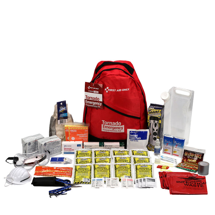 2 Person Tornado Emergency Backpack, open showing contents