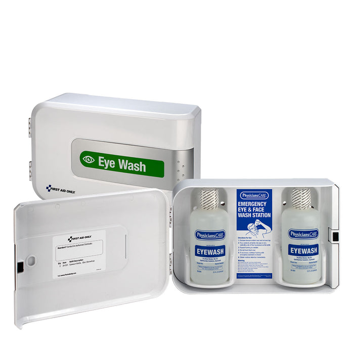 SmartCompliance Complete Eyewash Station, open showing bottles