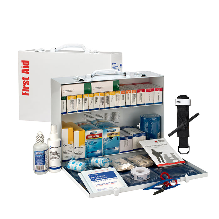 75 Person ANSI B 2 Shelf First Aid Cabinet, open showing organized shelves