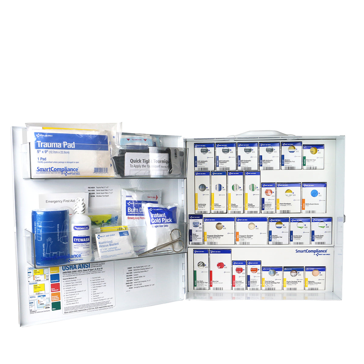 75 Person ANSI A 2 Shelf First Aid Cabinet, open showing organized shelves