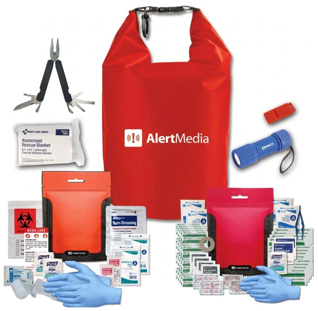 Custom-branded red emergency kit with first aid supplies, multi-tool and flashlight