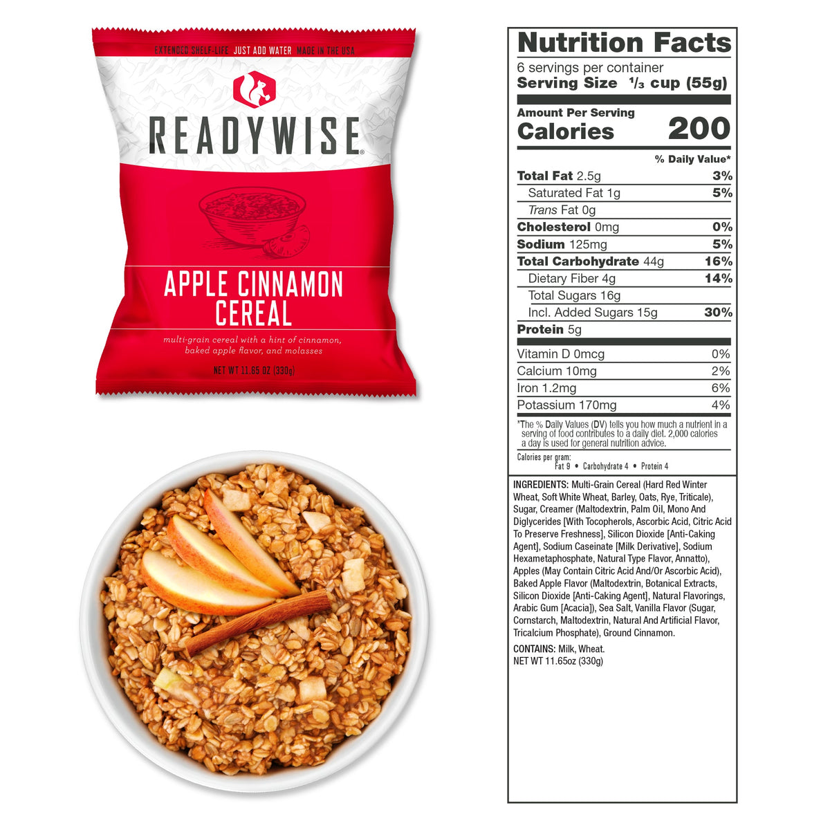 Apple Cinnamon Cereal pouch with nutrition facts