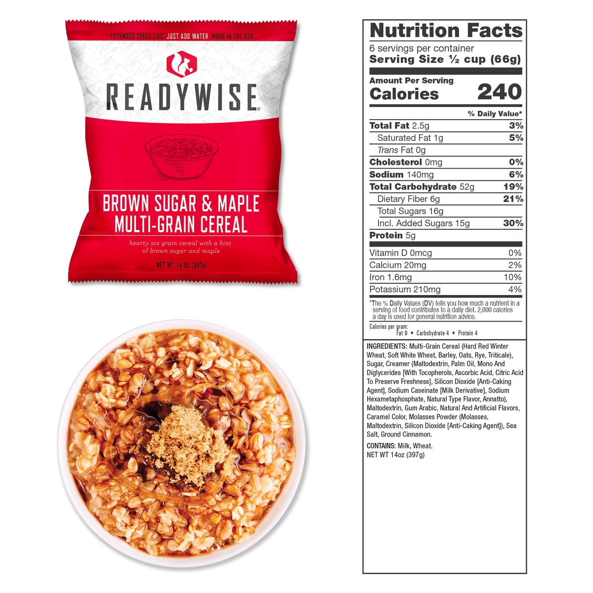 Brown Sugar and Maple Multi-Grain Cereal pouch with nutrition facts
