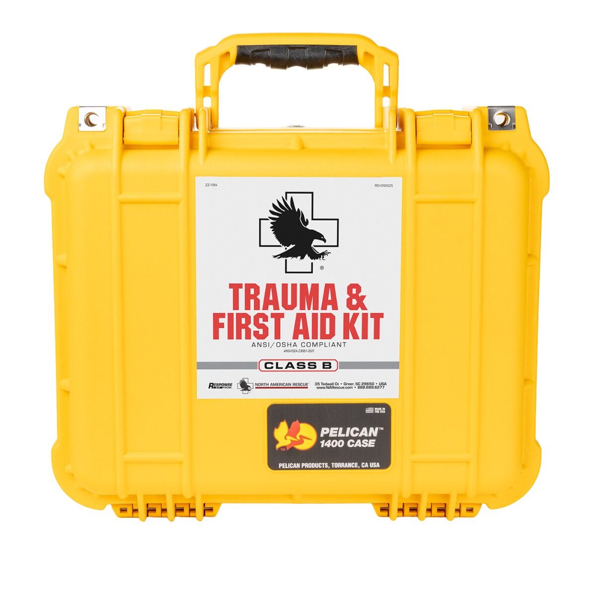 Yellow trauma and first aid kit with visible branding on a white background