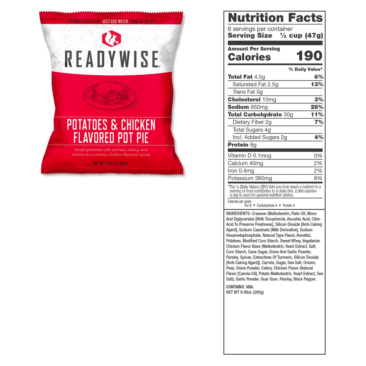 Potatoes and Chicken Flavored Pot Pie pouch with nutrition facts