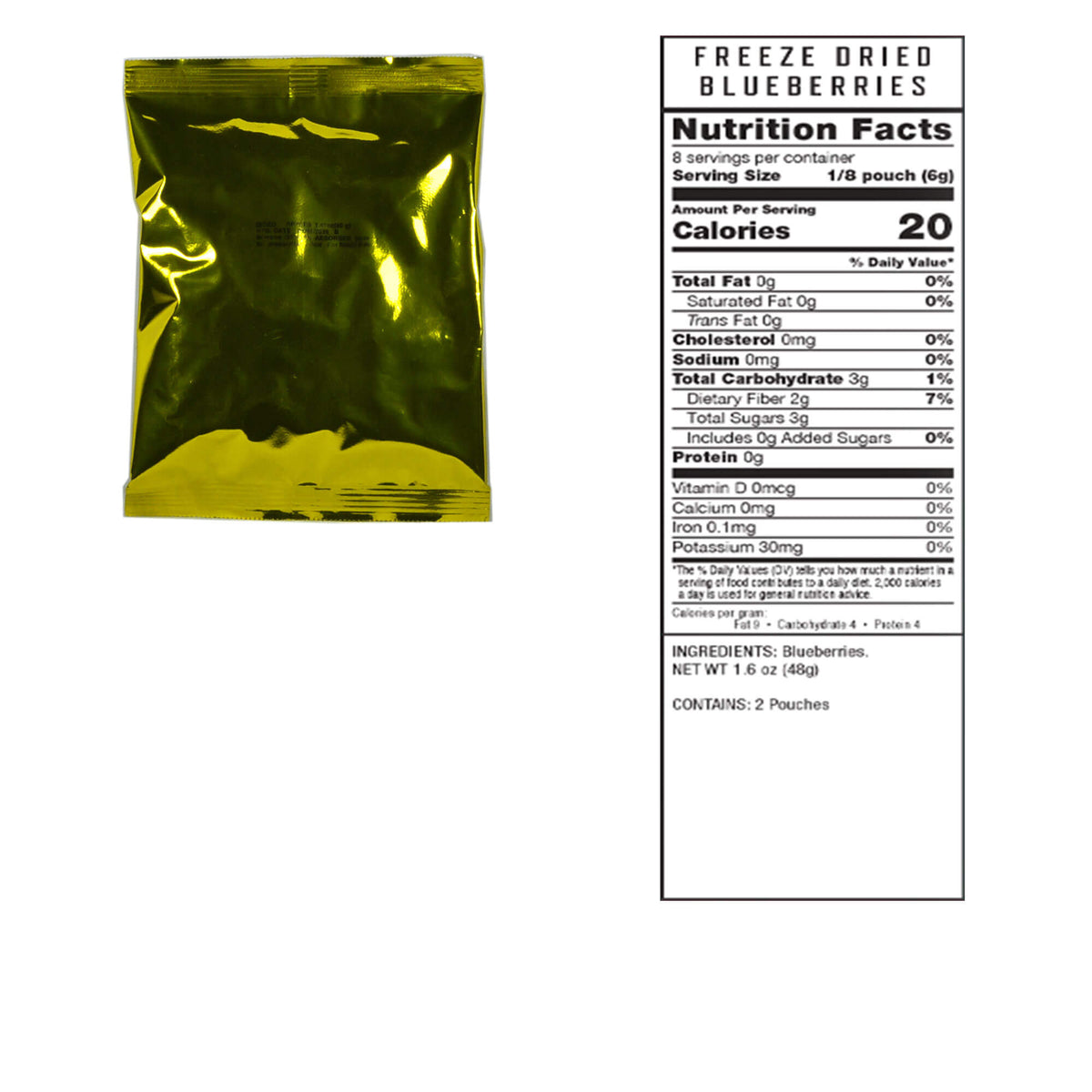 Freeze-dried blueberries pouch with nutrition facts