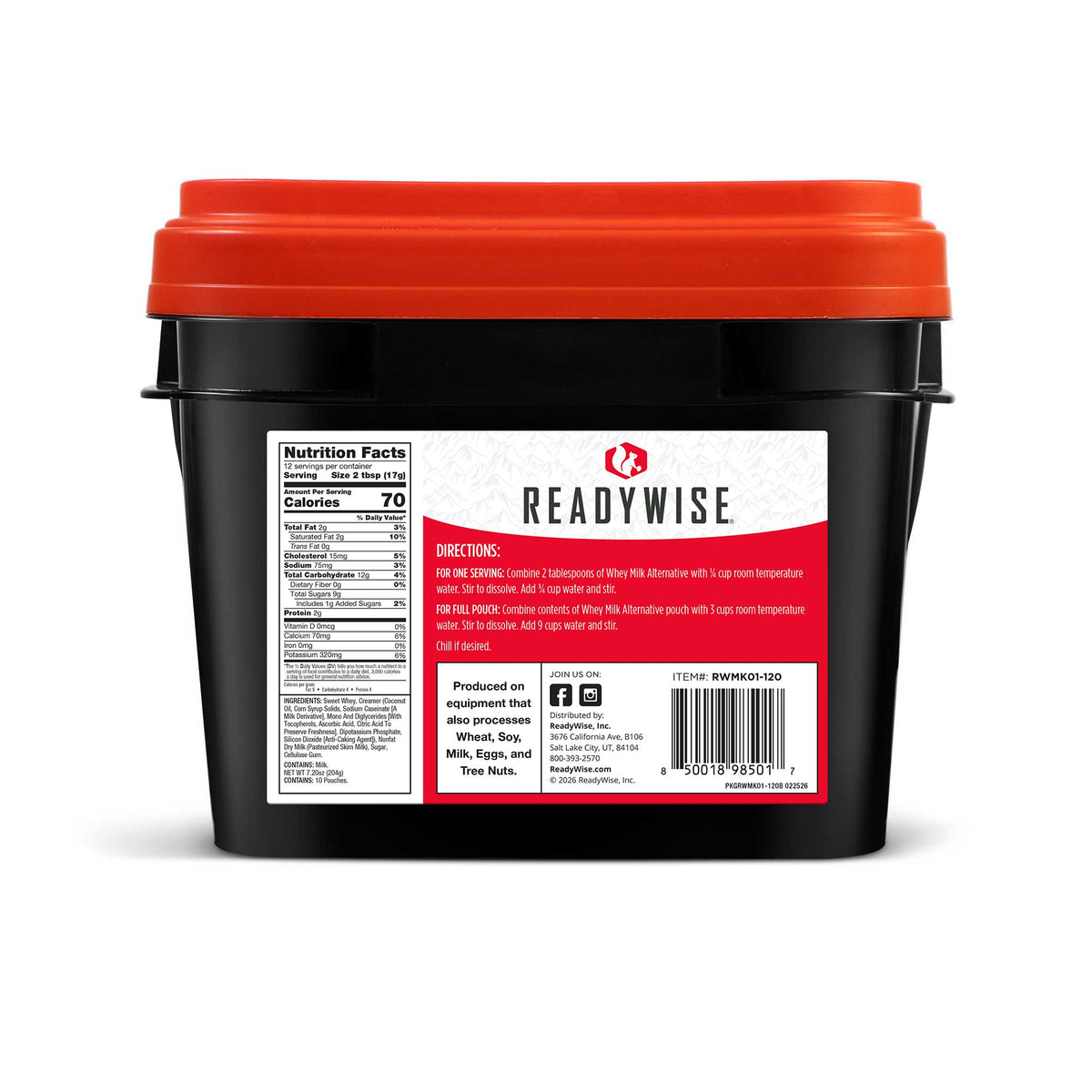 Whey Milk Bucket back panel with nutrition facts