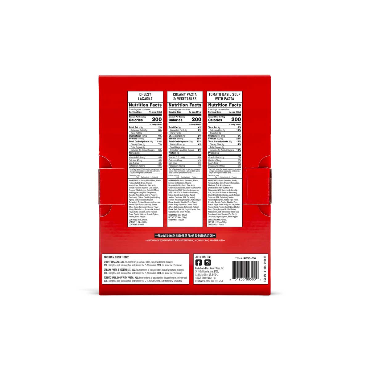 ReadyWise Favorites Box back panel with nutrition facts and ingredients