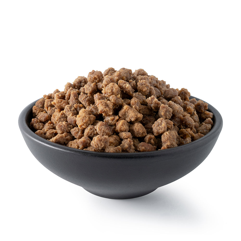 Freeze-dried beef crumbles in a bowl