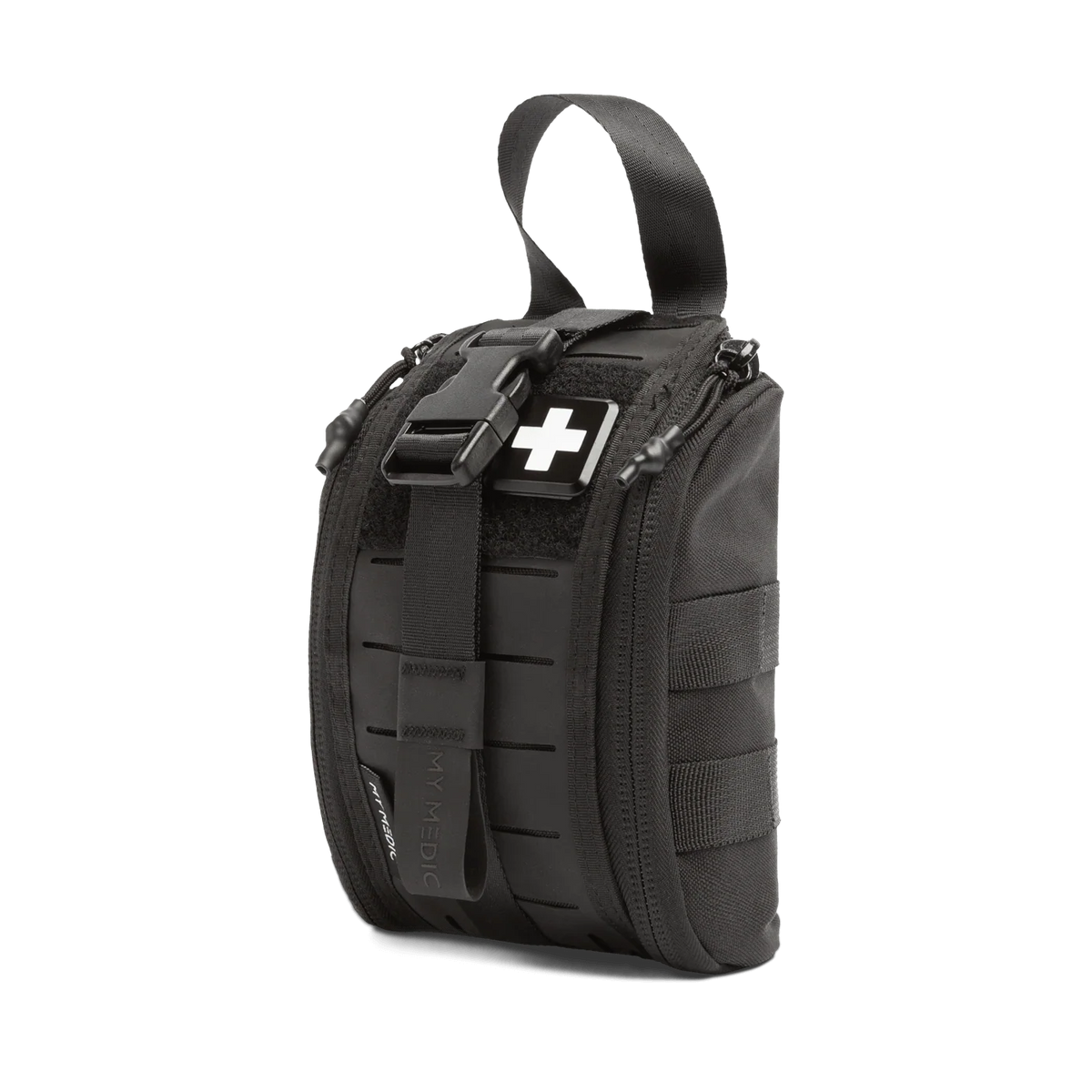 A black tactical first aid pouch with a top carry handle, front buckle strap, and a white cross patch on a clean white background.