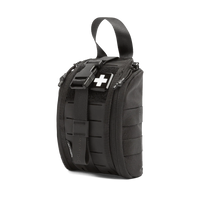 A black tactical first aid pouch with a top carry handle, front buckle strap, and a white cross patch on a clean white background.