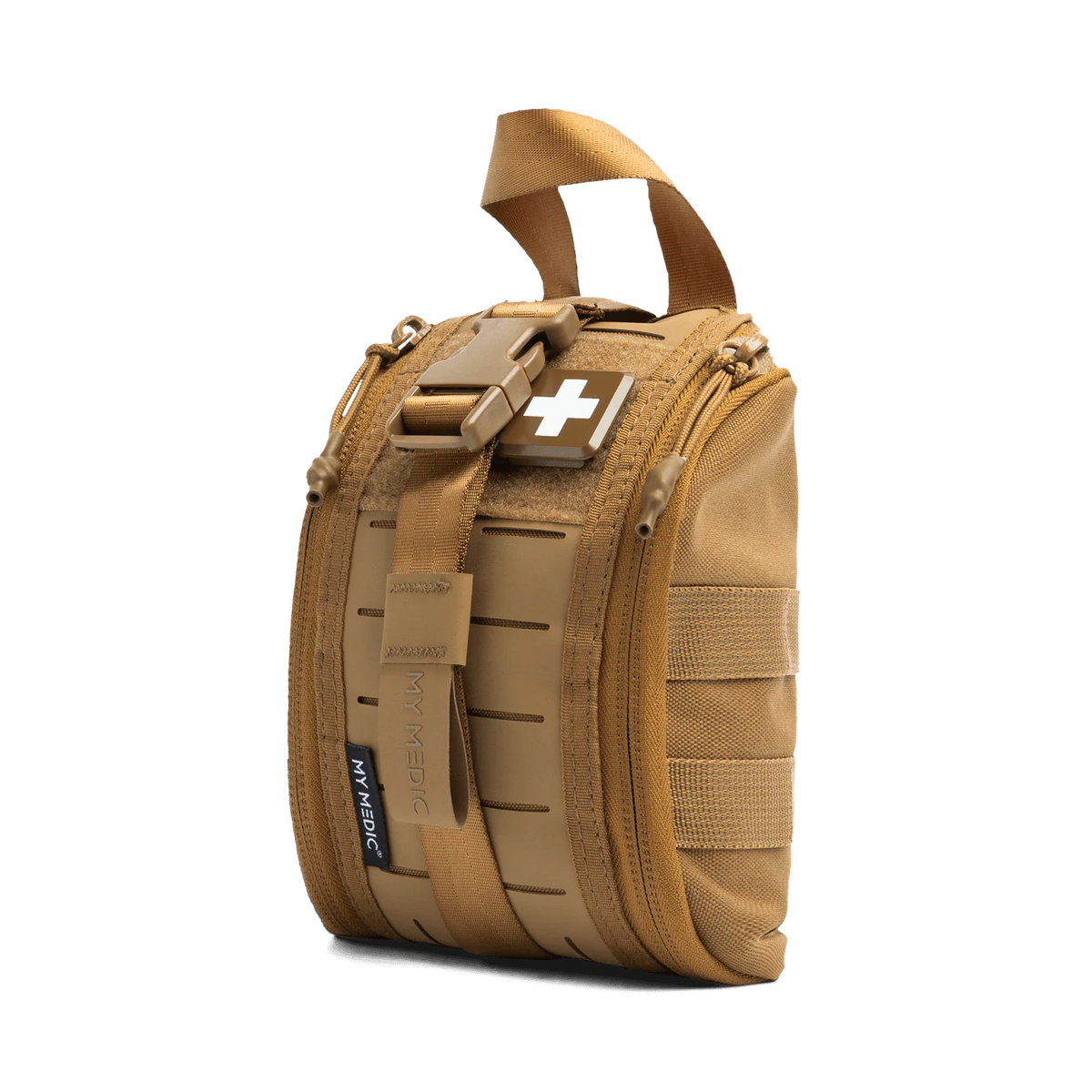 A tan tactical first aid pouch with a top carrying handle, front zipper, MOLLE webbing, a plastic buckle closure, and a white medical cross patch on a clean white background.
