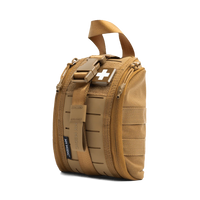A tan tactical first aid pouch with a top carrying handle, front zipper, MOLLE webbing, a plastic buckle closure, and a white medical cross patch on a clean white background.