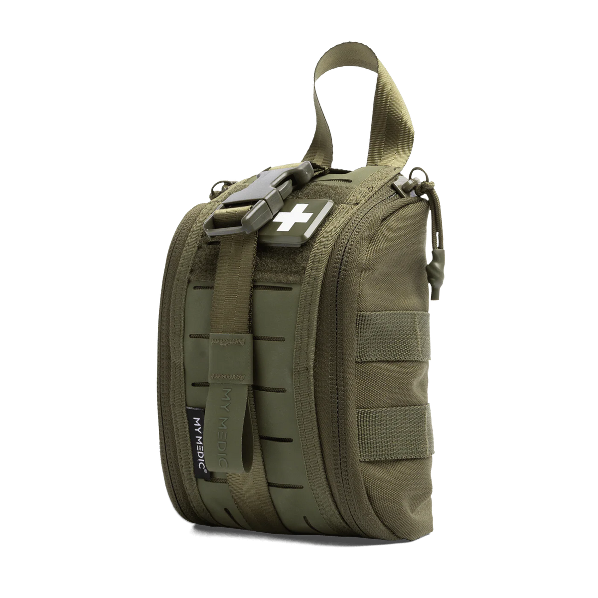 An olive green tactical first aid pouch with a top carrying handle, MOLLE webbing, a quick-release buckle, and a white cross symbol on a metal clip, shown on a plain white background.
