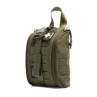 An olive green tactical first aid pouch with a top carrying handle, MOLLE webbing, a quick-release buckle, and a white cross symbol on a metal clip, shown on a plain white background.