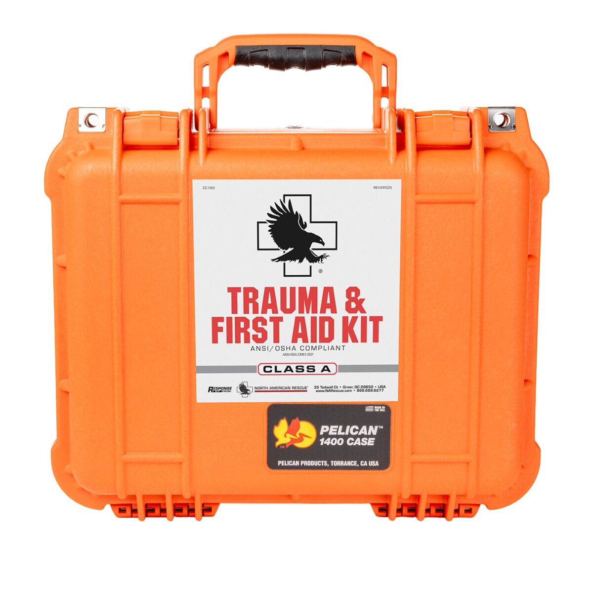 Orange trauma and first aid kit with a label on a white background