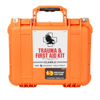 Orange trauma and first aid kit with a label on a white background