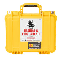 Yellow trauma and first aid kit with a visible brand logo on a white background