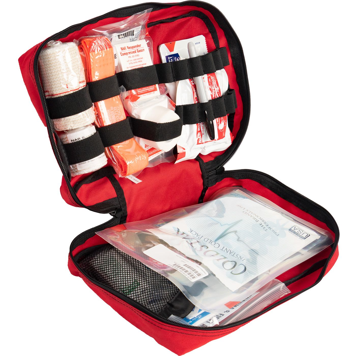 Trauma First Aid Kit with Compressed Gauze Open