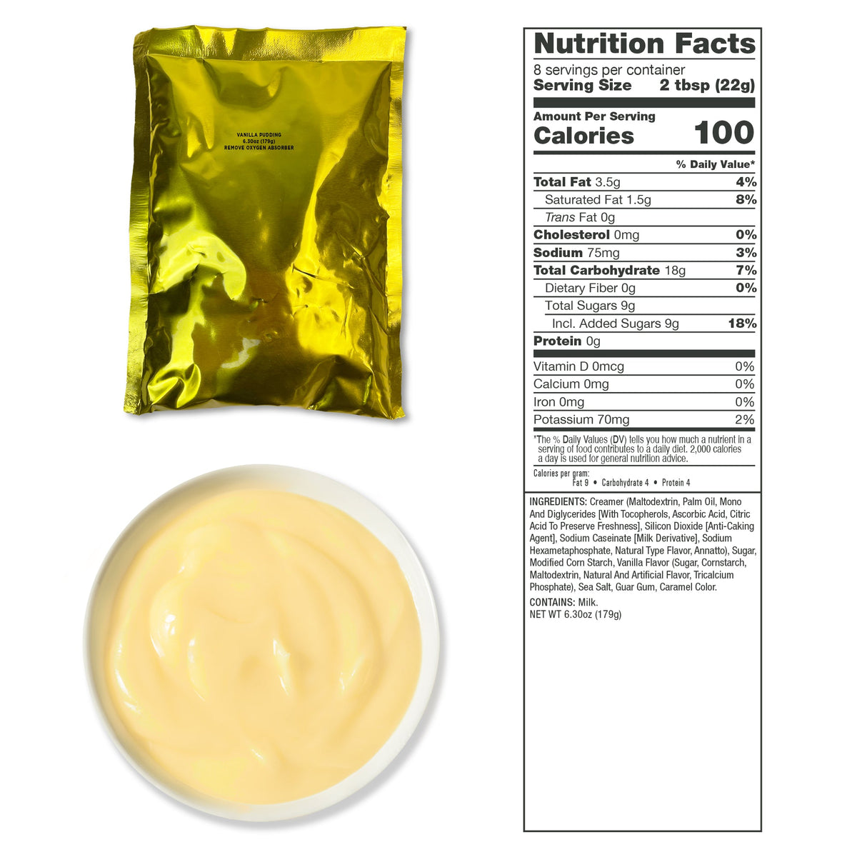 Creamy Yogurt Style Dessert (Vanilla Pudding) pouch with nutrition facts