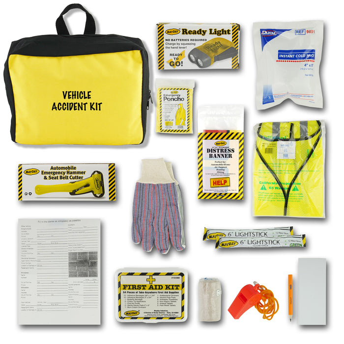 A vehicle accident kit laid out on a white background, including a yellow and black bag labeled 'VEHICLE ACCIDENT KIT,' a ready light box, a windshield washer fluid pouch, a warning triangle, gloves, a first aid kit, light sticks, and other safety accessories.