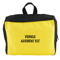 A yellow and black zippered pouch labeled 'VEHICLE ACCIDENT KIT' in black text, shown on a plain white background.